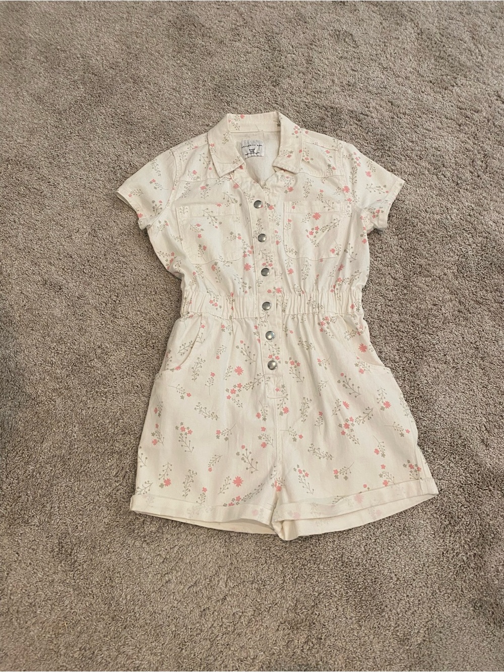 Floral Button-Front Romper in Cream with Pink Flowers